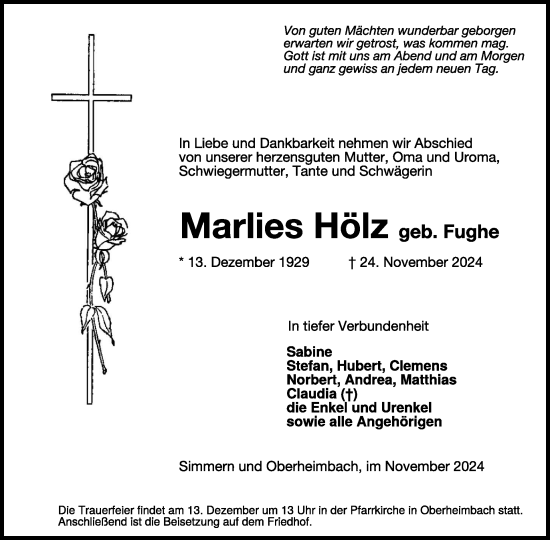 Traueranzeige von Marlies Hölz von WochenSpiegel