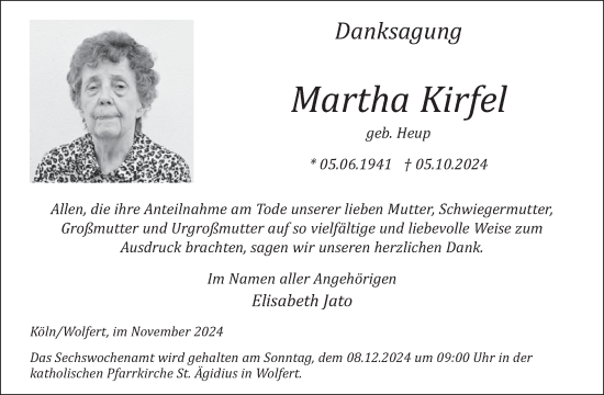 Traueranzeige von Martha Kirfel von WochenSpiegel