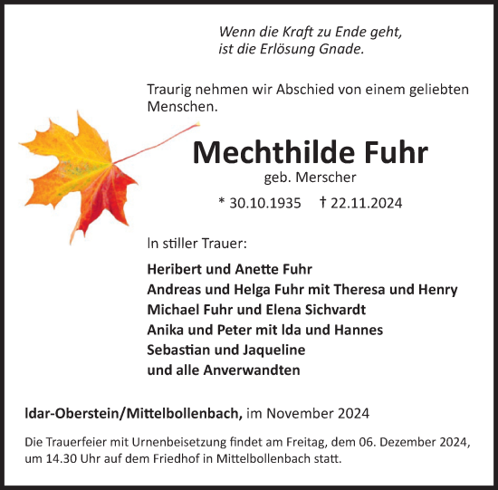 Traueranzeige von Mechthilde Fuhr von WochenSpiegel