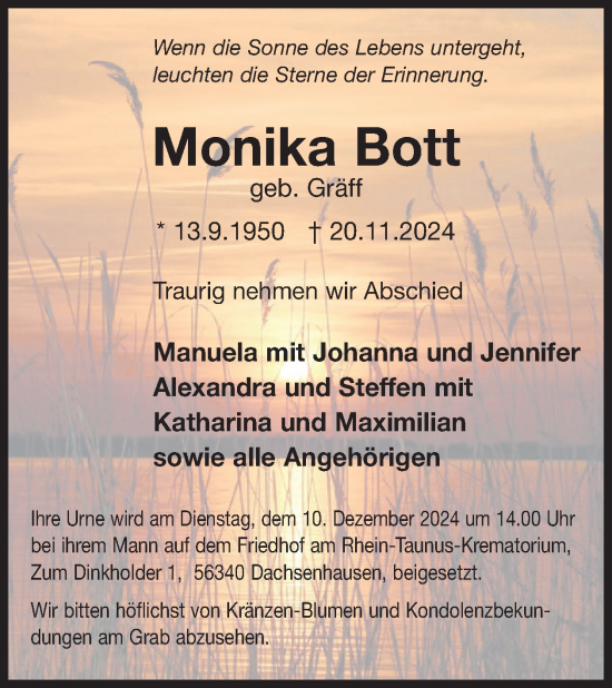 Traueranzeige von Monika Bott von WochenSpiegel