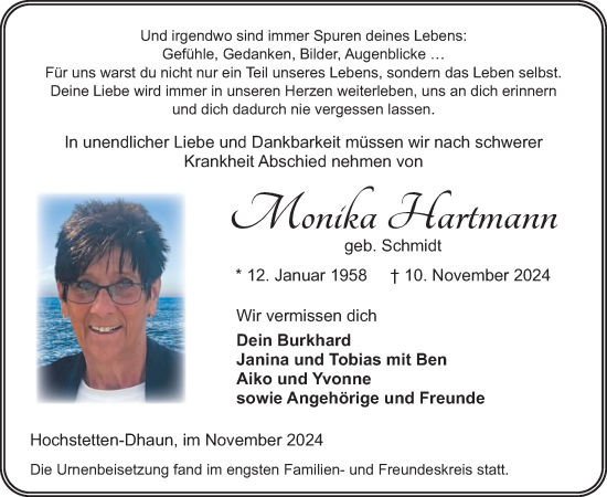 Traueranzeige von Monika Hartmann von WochenSpiegel