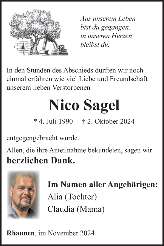 Traueranzeige von Nico Sagel von WochenSpiegel