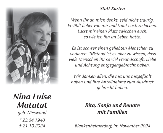 Traueranzeige von Nina Luise Matutat von WochenSpiegel