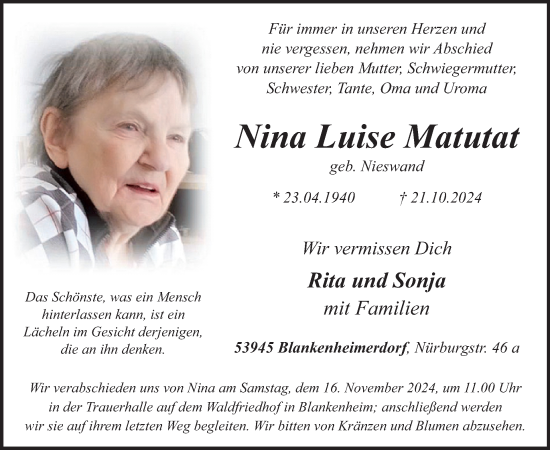 Traueranzeige von Nina Luise Matutat von WochenSpiegel