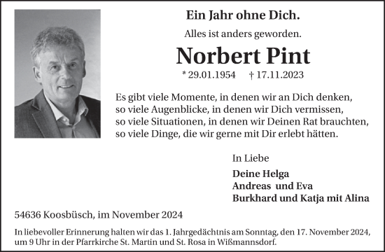 Traueranzeige von Norbert Pint von WochenSpiegel