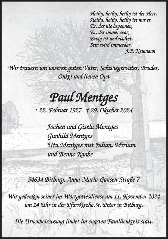 Traueranzeige von Paul Mentges von WochenSpiegel