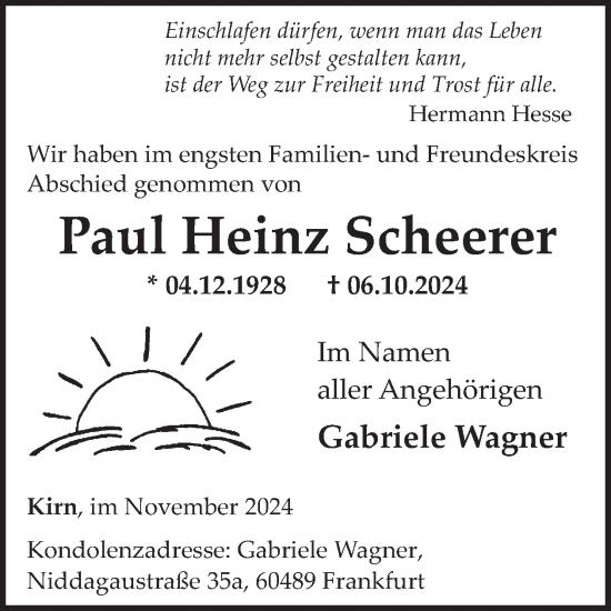 Traueranzeige von Paul Heinz Scheerer von WochenSpiegel