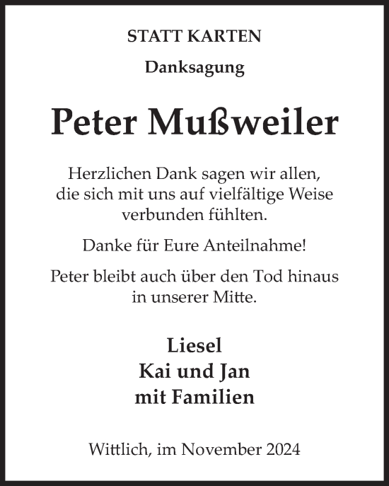 Traueranzeige von Peter Mußweiler von WochenSpiegel