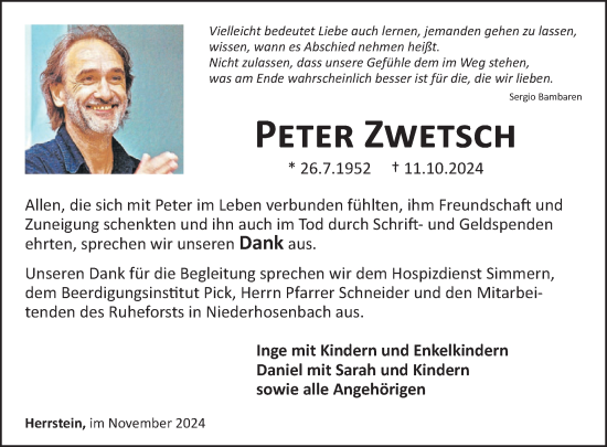 Traueranzeige von Peter Zwetsch von WochenSpiegel