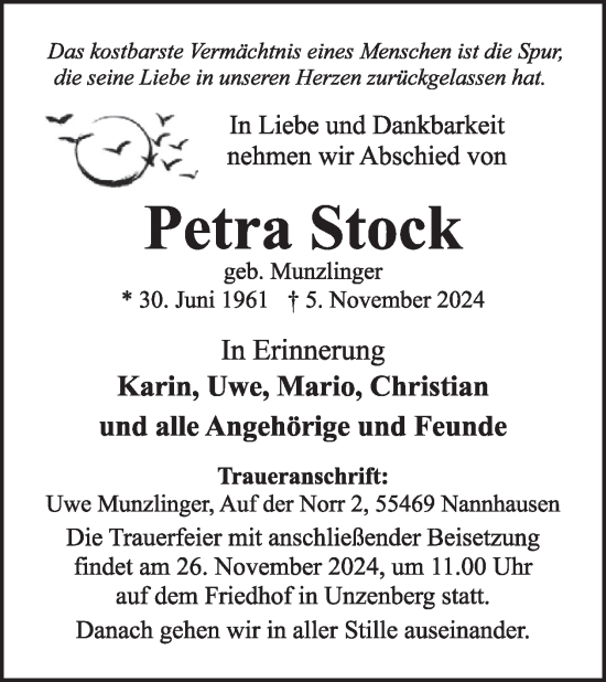 Traueranzeige von Petra Stock von WochenSpiegel