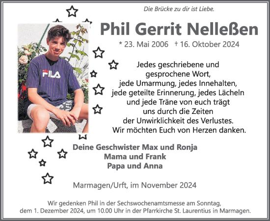 Traueranzeige von Phil Gerrit Nelleßen von WochenSpiegel