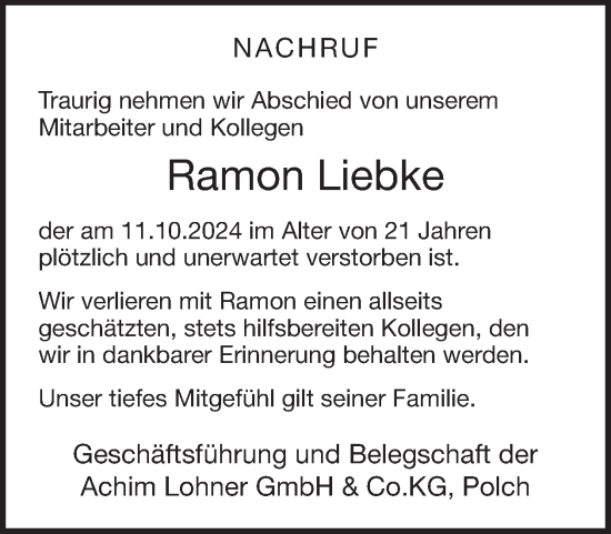 Traueranzeige von Ramon Liebke von WochenSpiegel