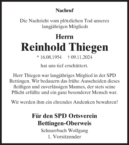 Traueranzeige von Reinhold  Thiegen von WochenSpiegel