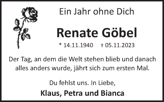 Traueranzeige von Renate Göbel von WochenSpiegel