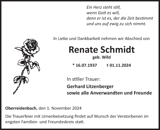 Traueranzeige von Renate Schmidt von WochenSpiegel