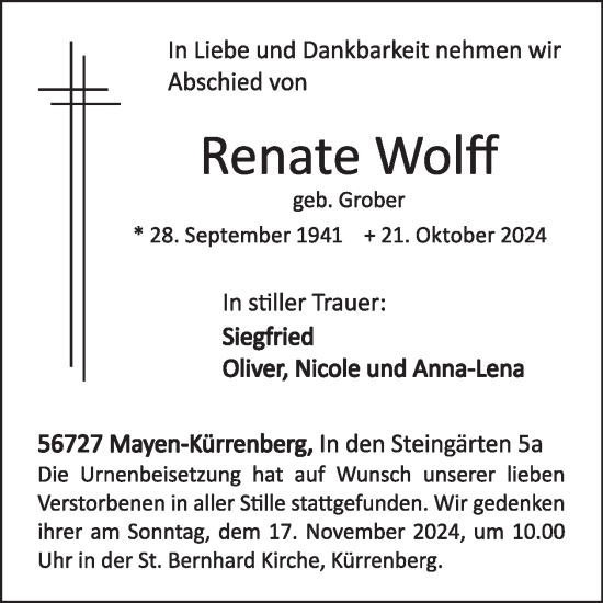 Traueranzeige von Renate Wolff von WochenSpiegel