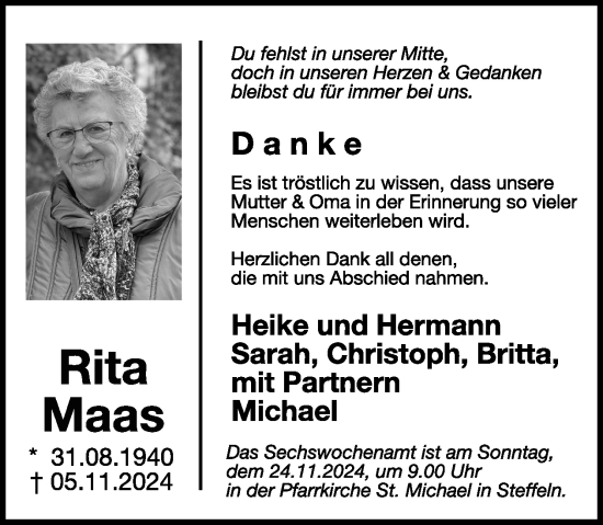 Traueranzeige von Rita Maas von WochenSpiegel