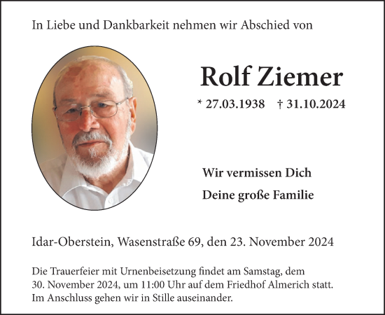 Traueranzeige von Rolf Ziemer von WochenSpiegel