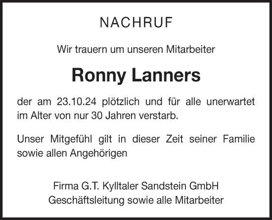 Traueranzeige von Ronny Lanners von WochenSpiegel