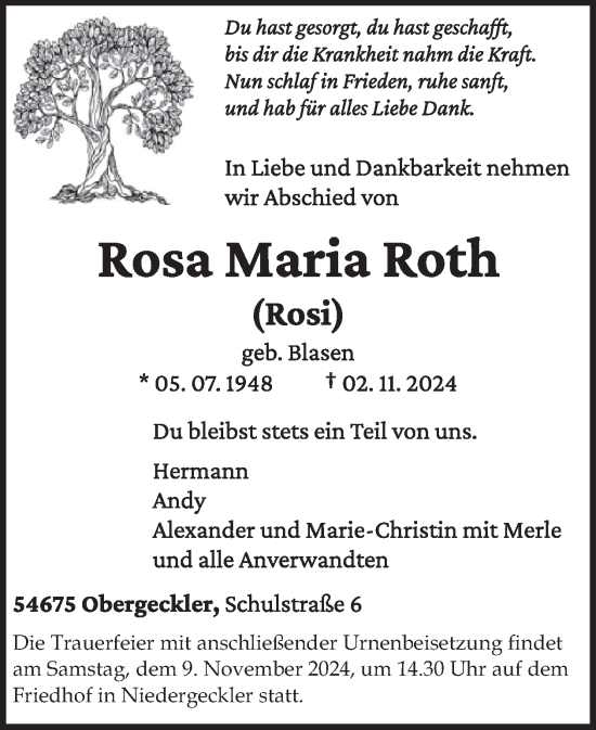 Traueranzeige von Rosa Maria Roth von WochenSpiegel