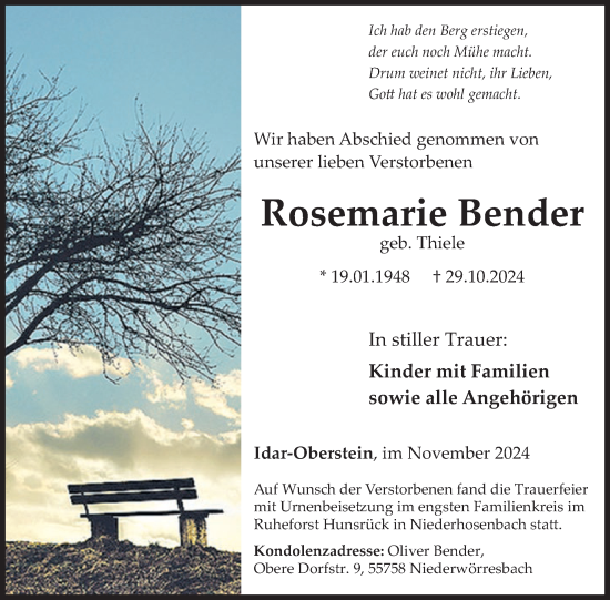 Traueranzeige von Rosemarie Bender von WochenSpiegel