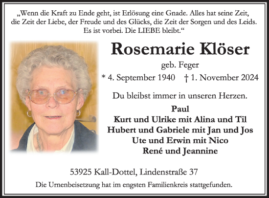 Traueranzeige von Rosemarie Klöser von WochenSpiegel