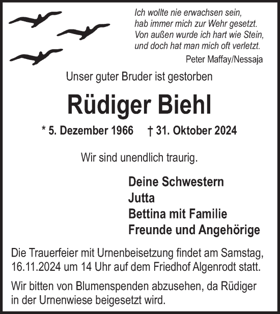 Traueranzeige von Rüdiger Biehl von WochenSpiegel