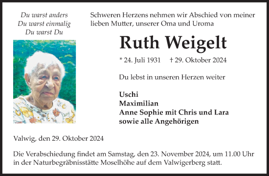 Traueranzeige von Ruth Weigelt von WochenSpiegel