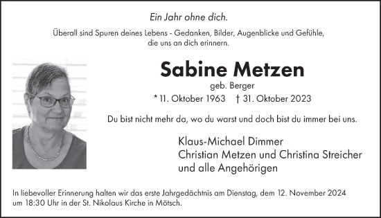 Traueranzeige von Sabine Metzen von WochenSpiegel