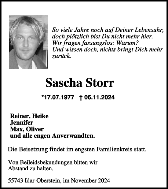 Traueranzeige von Sascha Storr von WochenSpiegel