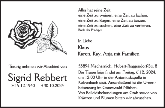 Traueranzeige von Sigrid Rebbert von WochenSpiegel