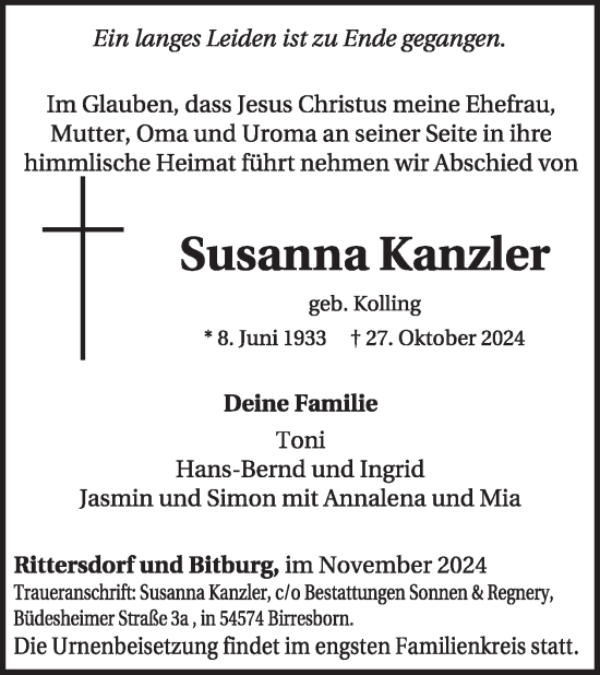 Traueranzeige von Susanna Kanzler von WochenSpiegel