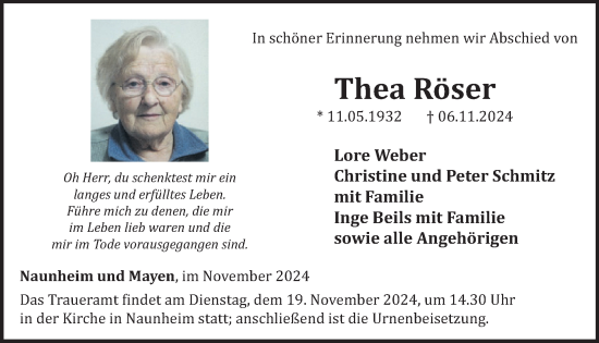 Traueranzeige von Thea Röser von WochenSpiegel