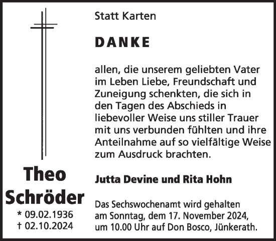 Traueranzeige von Theo Schröder von WochenSpiegel