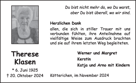 Traueranzeige von Therese Klasen von WochenSpiegel