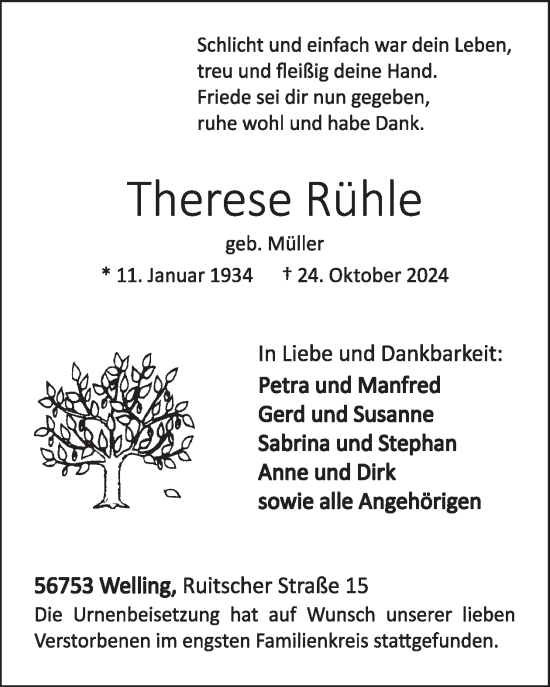 Traueranzeige von Therese Rühle von WochenSpiegel