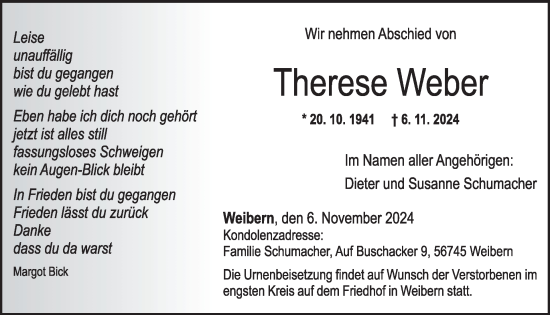 Traueranzeige von Therese Weber von WochenSpiegel