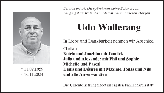 Traueranzeige von Udo Wallerang von WochenSpiegel