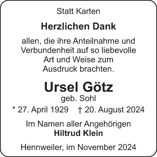 Traueranzeige von Ursel Götz von WochenSpiegel