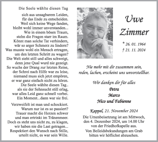 Traueranzeige von Uwe Zimmer von WochenSpiegel