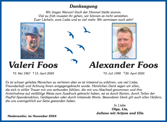 Traueranzeige von Valeri Foos von WochenSpiegel