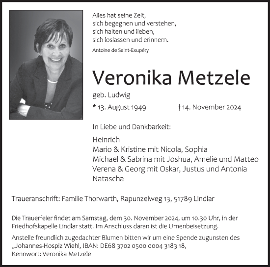 Traueranzeige von Veronika Metzele von WochenSpiegel