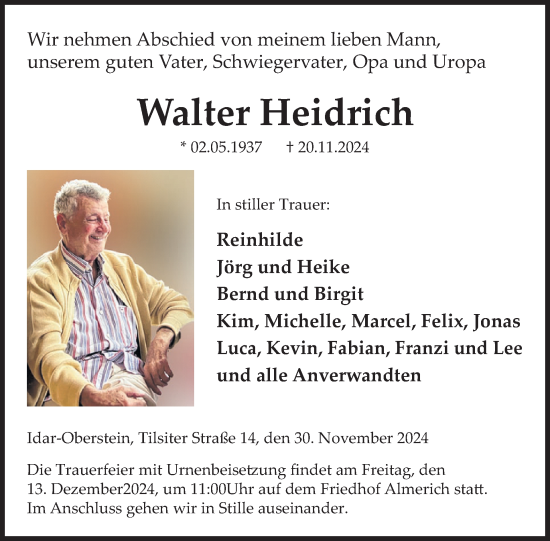 Traueranzeige von Walter Heidrich von WochenSpiegel