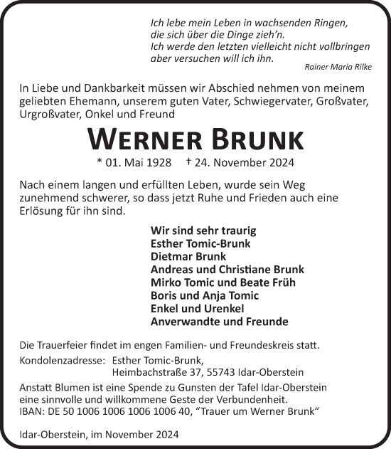 Traueranzeige von Werner Brunk von WochenSpiegel