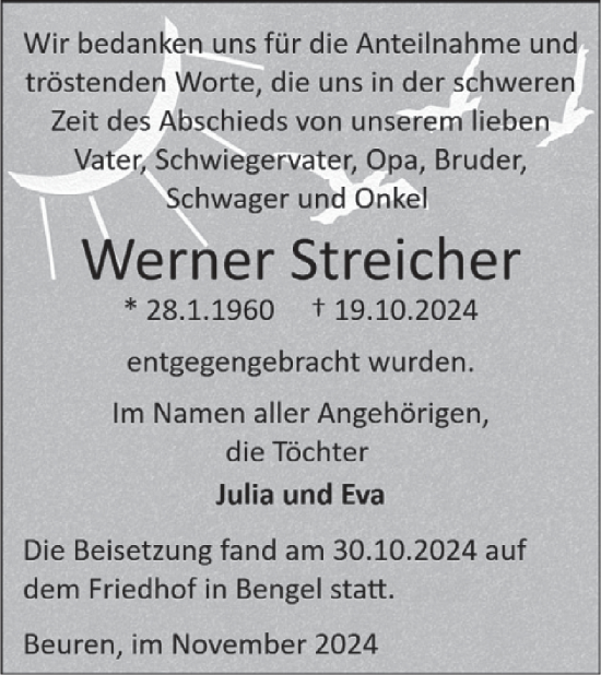 Traueranzeige von Werner Streicher von WochenSpiegel