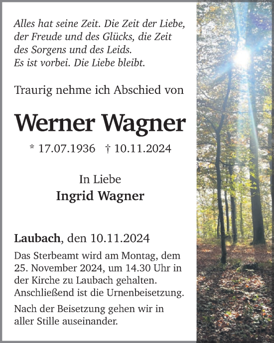 Traueranzeige von Werner Wagner von WochenSpiegel