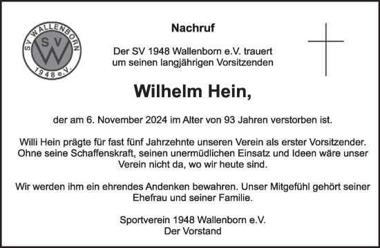 Traueranzeige von Wilhelm Hein von WochenSpiegel