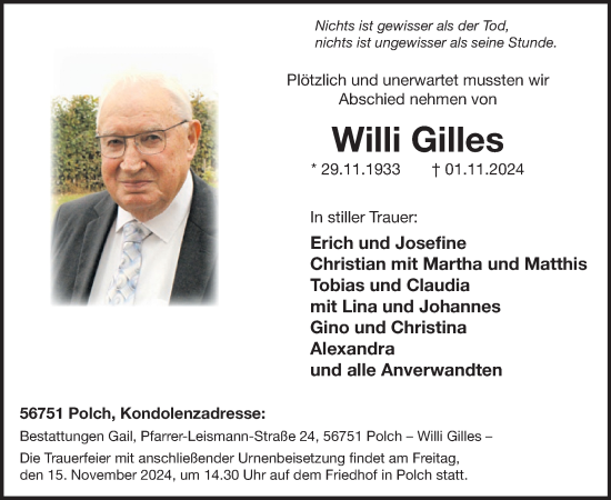 Traueranzeige von Willi Gilles von WochenSpiegel