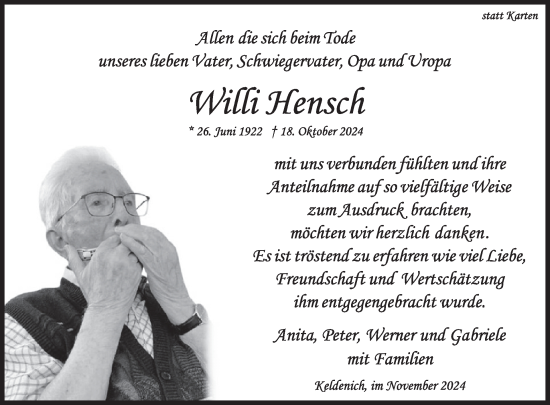 Traueranzeige von Willi Hensch von WochenSpiegel