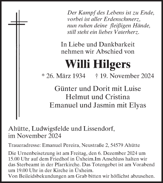 Traueranzeige von Willi Hilgers von WochenSpiegel